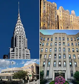 Examples of Art Deco architecture from across the city. The buildings feature showy metal finishes, polychromatic terra cotta designs, and zigzagging brickwork.