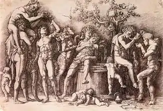 Bacchanal with a wine vat, engraving by Mantegna, c. 1475, 278 × 422&nbsp;mm