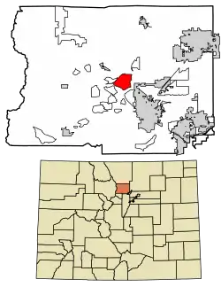 Location of the Lazy Acres CDP in Boulder County, Colorado.