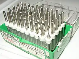 A box of #76 (0.02 in or 0.51 mm) PCB drill bits.