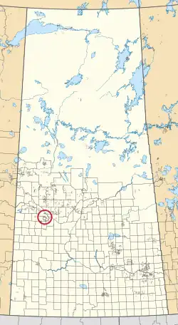 A map of the province of Saskatchewan showing 297 rural municipalities and hundreds of small Indian reserves. One is highlighted with a red circle.