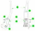 The Capture Latch is a rotating four-bar linkage. Attached to the chassis (1), an actuator (not shown) applies torque to the drive axle (2), rotating the drive arm (3). The arm pushes the "dogleg assembly" (4) around, which torques the outer clevis of the Capture Arm (5). The Capture Arm rotates about the end of the Follower linkage (6), the other end of which rotates about the axle. When deployed, the latch trips a switch (not shown). When fully closed it is locked by a hook (7) passing through the hole (8) in the Capture Arm.