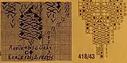 Side-by-side comparison of knitting chart symbols (hand-drawn vs. printed) for the pattern 418/43 "Filigrane Spitzenblüte"