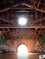 Craigmiles Hall, roof interior, revealing the deep bracketed cornice, and pierced by hooded porthole dormers. Original wood from 1878.