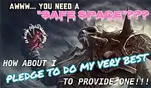 A painting of a bearded warrior skeleton clad in armor clutches an anatomically correct heart and screams at it. A caption in four different typefaces and at least eight different colors is superimposed over the image.