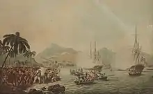 One of the most famous reproductions of 'Death of Captain Cook' by John Cleveley the Younger, Aquatint Francis Jukes. It depicts Cook as a peacemaker