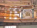 Detailed view of the tiered gallery with decorative woodwork c 1880 at Plough Lane Chapel, Lion Street, Brecon.