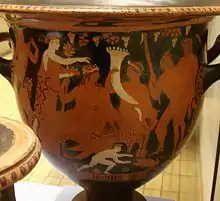 Dionysos and Ploutos surrounded by satyrs and maenads, c. 370–360 BC
