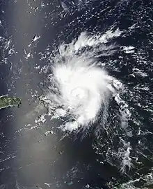 Satellite image of Tropical Storm Dorian passing by Puerto Rico and over the Virgin Islands on August 28