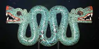 Double-headed serpent (Aztec); c. 1450–1521; cedar, turquoise, shell and traces of gilding; length: 43.3&nbsp;cm; British Museum