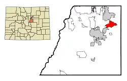 Location of The Pinery CDP in Douglas County, Colorado.