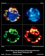 Cassiopeia&nbsp;A seen by Spitzer and showing different chemical elements and dust within the supernova remnant