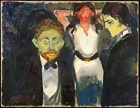 Jealousy, 1907, .mw-parser-output .frac{white-space:nowrap}.mw-parser-output .frac .num,.mw-parser-output .frac .den{font-size:80%;line-height:0;vertical-align:super}.mw-parser-output .frac .den{vertical-align:sub}.mw-parser-output .sr-only{border:0;clip:rect(0,0,0,0);clip-path:polygon(0px 0px,0px 0px,0px 0px);height:1px;margin:-1px;overflow:hidden;padding:0;position:absolute;width:1px}75 cm × 98 cm (29+1⁄2 in × 38+1⁄2 in), Munch Museum, Oslo