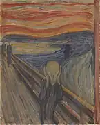 1893, oil, tempera and pastel on cardboard. The first version publicly displayed, and perhaps the most recognizable, it is located at the National Museum of Art, Architecture and Design in Oslo, Norway.