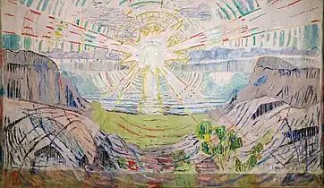 The Sun, 1910–1911, .mw-parser-output .frac{white-space:nowrap}.mw-parser-output .frac .num,.mw-parser-output .frac .den{font-size:80%;line-height:0;vertical-align:super}.mw-parser-output .frac .den{vertical-align:sub}.mw-parser-output .sr-only{border:0;clip:rect(0,0,0,0);clip-path:polygon(0px 0px,0px 0px,0px 0px);height:1px;margin:-1px;overflow:hidden;padding:0;position:absolute;width:1px}450 cm × 772 cm (177+1⁄4 in × 304 in), Munch Museum, Oslo