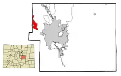 This map shows the incorporated and unincorporated areas in El Paso County, Colorado, highlighting Cascade-Chipita Park in red. It was created with a custom script with US Census Bureau data and modified with Inkscape.