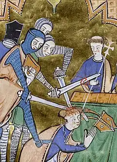 A kneeling Thomas Becket is attacked by the soldiers armed with swords. An onlooker in the background, another religious figure, looks on with alarm.