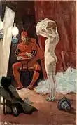 In the wings (1878–1880) watercolor, colored pencil, and pastel (26 x 16.5 cm) Musée Félicien Rops, Namur, Belgium