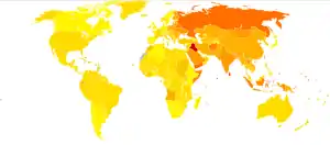 Disability-adjusted life year for falls per 100,000&nbsp;inhabitants in 2004.&nbsp;&nbsp;no data&nbsp;&nbsp;less than 40&nbsp;&nbsp;40–110&nbsp;&nbsp;110–180&nbsp;&nbsp;180–250&nbsp;&nbsp;250–320&nbsp;&nbsp;320–390&nbsp;&nbsp;390–460&nbsp;&nbsp;460–530&nbsp;&nbsp;530–600&nbsp;&nbsp;600–670&nbsp;&nbsp;670–1000&nbsp;&nbsp;more than 1000