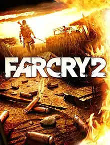 A sunset scene showing an armed man in the background, used bullets on the ground in the foreground, flames along the right edge, and the game's logo separating foreground and background.