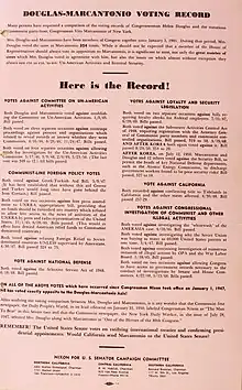 pink piece of paper headed "Douglas-Marcantonio Voting Record"