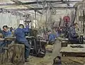 "Lathe workers". Oil on paper, 59 x 70&nbsp;cm.