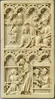 French Gothic ivory writing tablet cover with Phyllis seducing Aristotle and Virgil in his basket, 1340–60