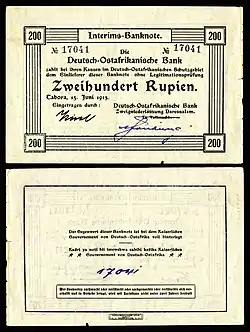 Image 6German East African rupieBanknote design credit: Deutsch-Ostafrikanische Bank; photographed by Andrew ShivaThe rupie was the unit of currency of German East Africa between 1890 and 1916. During World War I, the colony was cut off from Germany as a result of a wartime blockade and the colonial government needed to create an emergency issue of banknotes. Paper made from linen or jute was initially used, but because of wartime shortages, the notes were later printed on commercial paper in a variety of colours, wrapping paper, and in one instance, wallpaper. This two hundred rupie banknote was issued in 1915, and is now part of the National Numismatic Collection at the Smithsonian Institution.Other denominations: '"`UNIQ--templatestyles-00000014-QINU`"'* 1&nbsp;rupie* 5&nbsp;rupie* 10&nbsp;rupie* 20&nbsp;rupie* 50&nbsp;rupieMore selected pictures