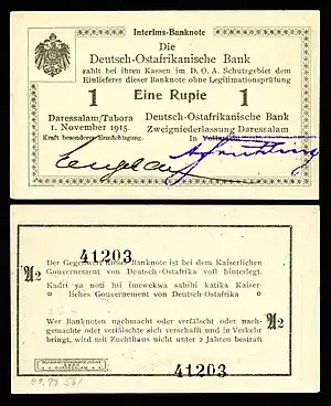 Image 8German East African rupieBanknote design credit: Deutsch-Ostafrikanische Bank; photographed by Andrew ShivaThe rupie was the unit of currency of German East Africa between 1890 and 1916. During World War I, the colony was cut off from Germany as a result of a wartime blockade and the colonial government needed to create an emergency issue of banknotes. Paper made from linen or jute was initially used, but because of wartime shortages, the notes were later printed on commercial paper in a variety of colours, wrapping paper, and in one instance, wallpaper. This two hundred rupie banknote was issued in 1915, and is now part of the National Numismatic Collection at the Smithsonian Institution.Other denominations: '"`UNIQ--templatestyles-00000015-QINU`"'* 1&nbsp;rupie* 5&nbsp;rupie* 10&nbsp;rupie* 20&nbsp;rupie* 50&nbsp;rupie