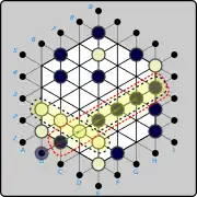 (ex.2) Same move &nbsp;(B)B1→C2&nbsp; and resulting four-in-a-row at E4-F5-G6-H7 removes the line from C2 to H7. In this case, a second White four-in-a-row is formed B3-C3-D3-E3. However, since it was Black's turn, Black chooses to take the line from C2 to H7 off the board (four Black to reserve, one White captured), eliminating the White line by removing the piece at D3, and White does not capture the Black piece at F3.