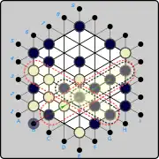 (ex.3) Same move &nbsp;(B)B1→C2&nbsp; and resulting four-in-a-row at E4-F5-G6-H7 removes the line from C2 to H7. In this case, a second, intersecting Black four-in-a-row is formed D4-E4-F4-G4. Black will choose to remove either (C2 ... H7) or (B4 ... G4) but not both! (C2 ... H7) returns five to reserves and captures one White piece, while (B4 ... G4) returns four and captures two.