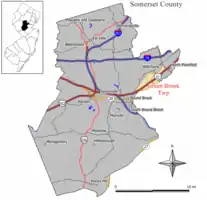 Location of Green Brook Township in Somerset County highlighted in yellow (right). Inset map: Location of Somerset County in New Jersey highlighted in black (left).
Interactive map of Green Brook Township, New Jersey
