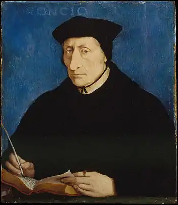 Image 14Guillaume BudéPainting credit: Jean ClouetGuillaume Budé (26 January 1467 – 23 August 1540) was a French scholar and humanist. He was involved in the founding of Collegium Trilingue, which later became the Collège de France. Budé was also the first keeper of the royal library at the Palace of Fontainebleau, which was later moved to Paris, where it became the Bibliothèque nationale de France. He was an ambassador to Rome and held several important judicial and civil administrative posts.This picture is an oil-on-panel portrait of Budé, produced around 1536 by Jean Clouet, a painter at the court of King Francis I of France. He was a very skilful painter and many fine portraits are attributed to him, but his picture of Budé is his only documented work, being mentioned in Budé's handwritten notes. The painting is now held by the Metropolitan Museum of Art in New York City.More selected pictures