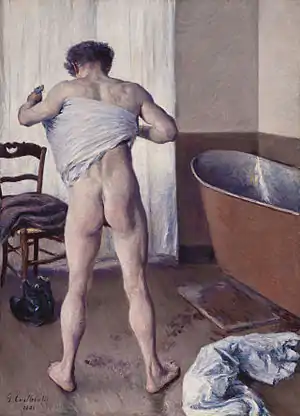 Image 11Homme au bainPainting: Gustave CaillebotteHomme au bain ("Man at His Bath") is an oil painting completed by the French Impressionist Gustave Caillebotte in 1884. The canvas measures 145 by 114 centimetres (57 in × 45 in). The painting was held in private collections from the artist's death until June 2011, when it was acquired by the Museum of Fine Arts, Boston. Interpretations of the painting and its male nude have contrasted the figure's masculinity with his vulnerability.More selected pictures