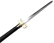 closeup of modern recreation of the sha with a bat shaped guard
