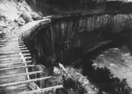 Hanging flume on the lower San Miguel River in 1891. Remnants of the flume may still be seen today.