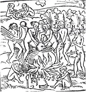 Original 1557 Hans Staden woodcut of the Tupinambá portrayed in a cannibalistic feast.