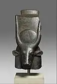 Head of a cow goddess (Hathor or Mehet-Weret); 1390-1352 BC; height: 53.6&nbsp;cm (21.1&nbsp;in), width: 28&nbsp;cm (11&nbsp;in), depth: 33&nbsp;cm (13&nbsp;in); Metropolitan Museum of Art (New York City)