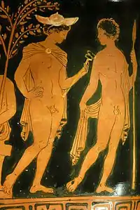 Hermes wearing a petasos hat, Attic red-figure krater, c. 380–370 BC.