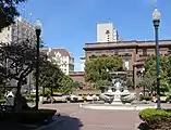 View east, showing fountain and lampposts, 2015