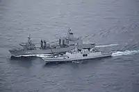 Shivalik undergoing replenishment from HMAS&nbsp;Stalwart during a Malabar exercise.