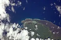 Satellite image showing lava fields from Saleaula towards Mauga village to the east. (NASA photo, 2008)