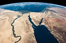 Image 14"The Nile and the Sinai, to Israel and beyond. One sweeping glance of human history." Caption by astronaut Chris Hadfield on board the International Space Station.