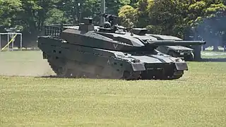 JGSDF Type 10 tank brakes during demonstration exercise
