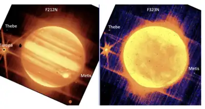 James Webb Space Telescope's photo of Jupiter and rings in infrared at 2.12 and 3.23&nbsp;μm