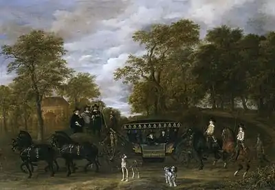 Cornelis de Graeff with his wife Catharina Hooft and his two sons Pieter and Jacob de Graeff on arrival at Soestdijk. Jacob van Ruisdael and Thomas de Keyser, (1656/1660), National Gallery of Ireland