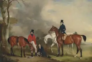 James Ogilvie Fairlie with his grooms and the three principal steeplechasers in his stables