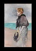 Young girl with hat; by Josep Maria Tamburini; 1909; gouache on paper; 38&nbsp;cm ×&nbsp;25&nbsp;cm (15&nbsp;in ×&nbsp;9+3⁄4&nbsp;in).