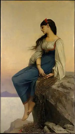 Image 12GraziellaPainting credit: Jules Joseph LefebvreGraziella is an 1852 novel by the French author Alphonse de Lamartine. It tells of a young French man who falls in love with the eponymous character, a fisherman's granddaughter, during a trip to Naples, Italy; they are separated when he must return to France, and Graziella dies soon afterwards. The novel received popular acclaim; an operatic adaptation had been completed by the end of the year, and the work influenced paintings, poems, novels, and films. This 1878 oil-on-canvas painting by the French artist Jules Joseph Lefebvre shows Graziella sitting on a rock, fishing net in hand, gazing over her shoulder at a smoking Mount Vesuvius in the distance. The painting is now in the collection of the Metropolitan Museum of Art in New York.More selected pictures
