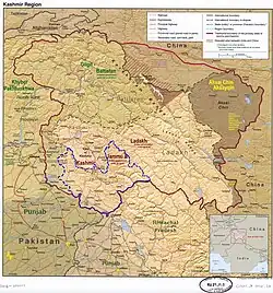 A map of the Jammu division (neon blue) of the Indian-administered Jammu and Kashmir (shaded in tan) in the disputed Kashmir region.